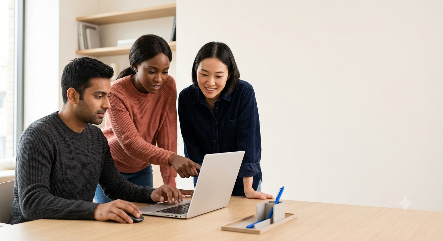 Gemini-generated: three diverse professionals collaborating