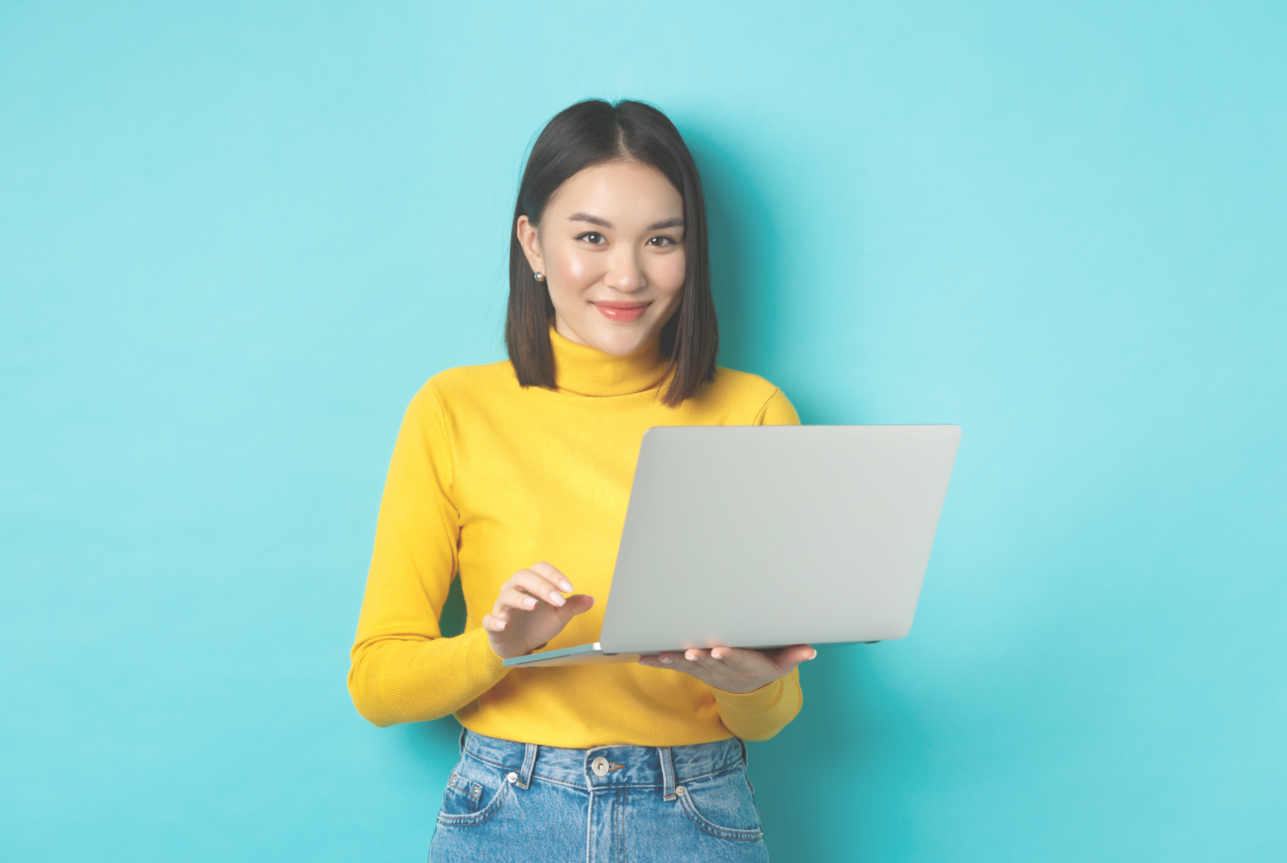Reference: freelancer in yellow turtleneck on cyan background